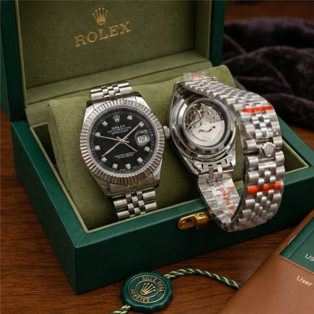 Luxury Rolex-Style Datejust Black Dial Men's Watch - Automatic Movement with Fluted Bezel & Jubilee Chain + Premium Box
